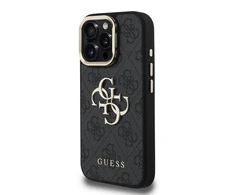 Guess PU 4G Metal Logo Stand Camera Frame dėklas skirtas Apple iPhone 16 Pro juodos spalvos