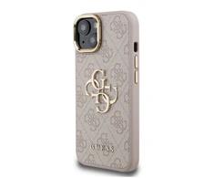 Guess PU 4G Metal Logo Stand Camera Frame dėklas skirtas Apple iPhone 15 rožinės spalvos