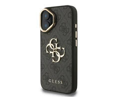 Guess PU 4G Metal Logo Stand Camera Frame dėklas skirtas Apple iPhone 16 juodos spalvos