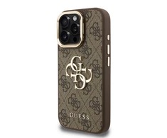 Guess PU 4G Metal Logo Stand Camera Frame dėklas skirtas Apple iPhone 16 Pro rudos spalvos