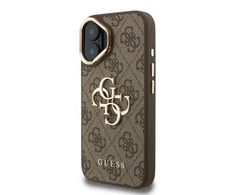 Guess PU 4G Metal Logo Stand Camera Frame dėklas skirtas Apple iPhone 16 rudos spalvos