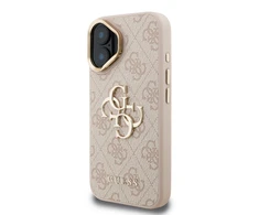 Guess PU 4G Metal Logo Stand Camera Frame dėklas skirtas Apple iPhone 16 rožinės spalvos