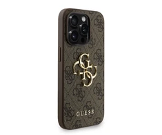 Guess PU 4G Metal Logo Strap dėklas skirtas Apple iPhone 15 Pro rudos spalvos