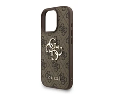 Guess PU 4G Metal Logo Strap dėklas skirtas Apple iPhone 16 Pro Max rudos spalvos