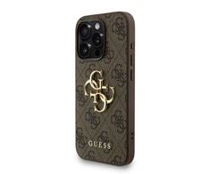 Guess PU 4G Metal Logo Strap dėklas skirtas Apple iPhone 15 Pro Max rudos spalvos