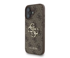 Guess PU 4G Metal Logo Strap dėklas skirtas Apple iPhone 16 rudos spalvos