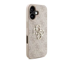 Guess PU 4G Metal Logo Strap dėklas skirtas Apple iPhone 16 rožinės spalvos