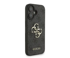 Guess PU 4G Metal Logo Strap dėklas skirtas Apple iPhone 16 juodos spalvos