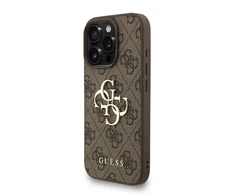 Guess PU 4G Metal Logo Strap dėklas skirtas Apple iPhone 16 Pro rudos spalvos