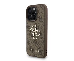 Guess PU 4G Metal Logo Strap dėklas skirtas Apple iPhone 16 Pro Max rudos spalvos