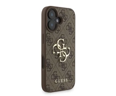 Guess PU 4G Metal Logo Strap dėklas skirtas Apple iPhone 16 rudos spalvos