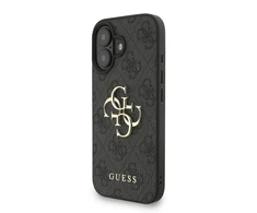 Guess PU 4G Metal Logo Strap dėklas skirtas Apple iPhone 16 juodos spalvos