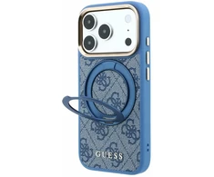 Guess PU 4G Ring Stand MagSafe dėklas skirtas iPhone 18 Pro Max Mėlyna