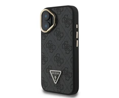 Guess PU 4G Strass Triangle Logo Stand Camera Frame MagSafe dėklas skirtas Apple iPhone 16 juodos spalvos