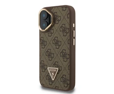 Guess PU 4G Strass Triangle Logo Stand Camera Frame MagSafe dėklas skirtas Apple iPhone 16 rudos spalvos