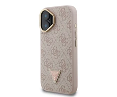 Guess PU 4G Strass Triangle Logo Stand Camera Frame MagSafe dėklas skirtas Apple iPhone 16 rožinės spalvos
