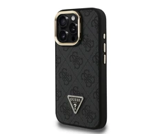 Guess PU 4G Strass Triangle Logo Stand Camera Frame MagSafe dėklas skirtas Apple iPhone 15 Pro Max juodos spalvos