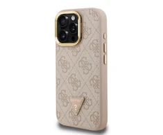 Guess PU 4G Strass Triangle Logo Stand Camera Frame MagSafe dėklas skirtas Apple iPhone 15 Pro Max rožinės spalvos