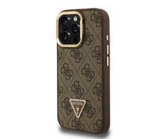 Guess PU 4G Strass Triangle Logo Stand Camera Frame MagSafe dėklas skirtas Apple iPhone 16 Pro rudos spalvos