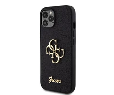Guess PU Fixed Glitter 4G Metal Logo dėklas telefonui Apple iPhone 12/12 Pro juodos spalvos
