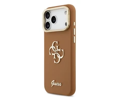 Guess PU Grained 4G Logo Stand Camera Frame dėklas skirtas Apple iPhone 17 Pro Max rudos spalvos