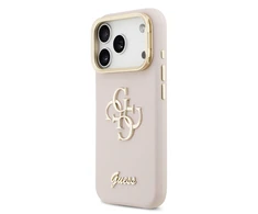 Guess PU Grained 4G Logo Stand Camera Frame dėklas skirtas Apple iPhone 17 Pro rožinės spalvos