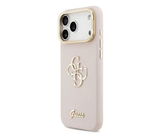 Guess PU Grained 4G Logo Stand Camera Frame dėklas skirtas Apple iPhone 17 Pro Max rožinės spalvos