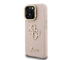 Guess PU Grained 4G Logo Stand Camera Frame dėklas skirtas Apple iPhone 15 Pro rožinės spalvos