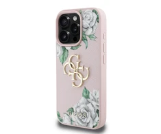 Guess PU Grained Roses 4G Metal Logo dėklas skirtas Apple iPhone 16 Pro rožinės spalvos