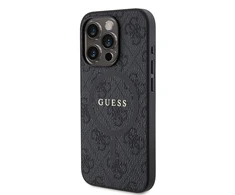 Dėklas Guess Apple iPhone 15 Pro 4G Collection Odinis Metalinis Logotipas MagSafe Juodas | ATSPĖK