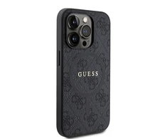 Dėklas Guess Apple iPhone 15 Pro 4G Collection Odinis Metalinis Logotipas MagSafe Juodas | ATSPĖK
