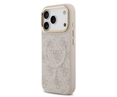 Guess PU Leather 4G Gold Frame MagSafe dėklas skirtas Apple iPhone 17 Pro rožinės spalvos