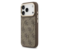 Guess PU Leather 4G Gold Frame MagSafe dėklas skirtas Apple iPhone 17 Pro rudos spalvos