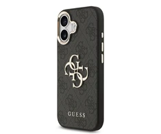 Guess PU Leather 4G Metal Logo Gold Frame dėklas skirtas Apple iPhone 17 juodos spalvos