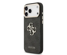 Guess PU Leather 4G Metal Logo Gold Frame dėklas skirtas Apple iPhone 17 Pro Max juodos spalvos