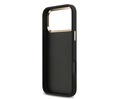 Guess PU Leather 4G Metal Logo Gold Frame dėklas skirtas Apple iPhone 17 Pro Max juodos spalvos