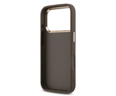 Guess PU Leather 4G Metal Logo Gold Frame dėklas skirtas Apple iPhone 17 Pro Max rudos spalvos