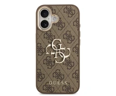 Guess PU Leather 4G Metal Logo Gold Frame dėklas skirtas Apple iPhone 17 rudos spalvos