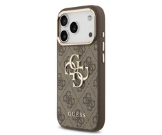 Guess PU Leather 4G Metal Logo Gold Frame dėklas skirtas Apple iPhone 17 Pro Max rudos spalvos