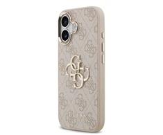 Guess PU Leather 4G Metal Logo Gold Frame dėklas skirtas Apple iPhone 17 rožinės spalvos