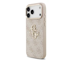 Guess PU Leather 4G Metal Logo Gold Frame dėklas skirtas Apple iPhone 17 Pro Max rožinės spalvos