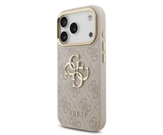 Guess PU Leather 4G Metal Logo Gold Frame dėklas skirtas Apple iPhone 17 Pro rožinės spalvos