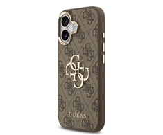 Guess PU Leather 4G Metal Logo Gold Frame dėklas skirtas Apple iPhone 17 rudos spalvos