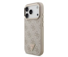 Guess PU Leather 4G Strass Triangle Logo Gold Frame MagSafe dėklas skirtas Apple iPhone 17 Pro rožinės spalvos