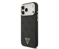 Guess PU Leather 4G Strass Triangle Logo Gold Frame MagSafe dėklas skirtas Apple iPhone 17 Pro Max juodos spalvos