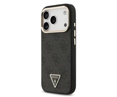 Guess PU Leather 4G Strass Triangle Logo Gold Frame MagSafe dėklas skirtas Apple iPhone 17 Pro juodos spalvos