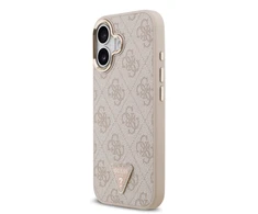Guess PU Leather 4G Strass Triangle Logo Gold Frame MagSafe dėklas skirtas Apple iPhone 17 rožinės spalvos