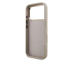 Guess PU Leather 4G Strass Triangle Logo Gold Frame MagSafe dėklas skirtas Apple iPhone 17 Pro rožinės spalvos