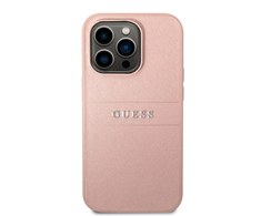 Guess dėklas, skirtas iPhone 14 Pro Max 6,7 GUHCP14XPSASBPI rožinės spalvos PU odinis dėklas, skirtas Saffiano with Metal Logo Hot Stamp Stripes