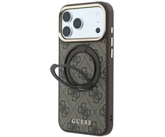 Guess Ring Stand 360 4G Classic Logo MagSafe dėklas, skirtas iPhone 18 Pro / 17 Pro, rudas